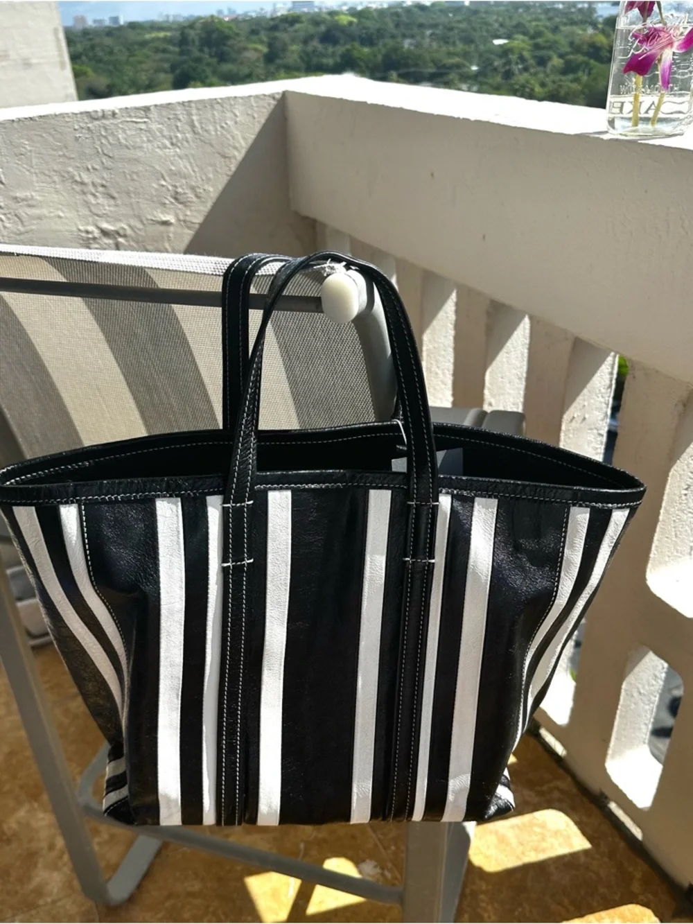 Balenciaga Barbes East-West Shopper Tote Black White Striped Leather Bag - Picture 8 of 16